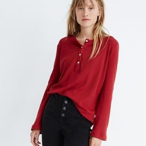 Madewell Garment-Dyed Red Thermal Henley Tee Long Sleeve Waffle Knit Shirt